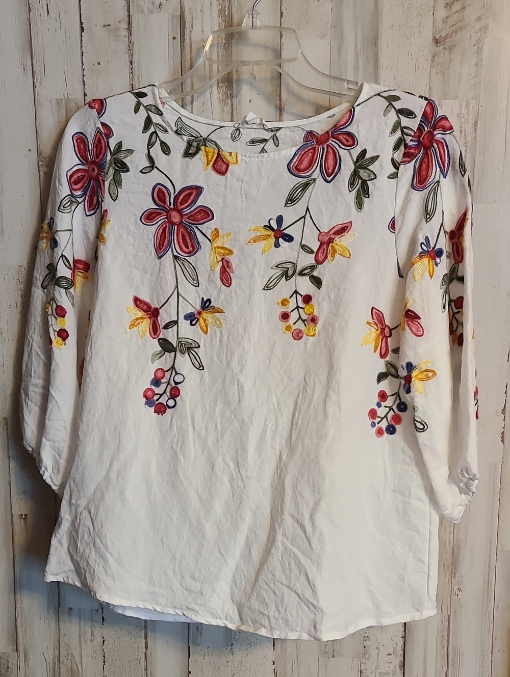 White Embroidered Floral Peasant Blouse - Women